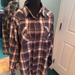 Wrangler Men's Navy and Orange Plaid Shirt